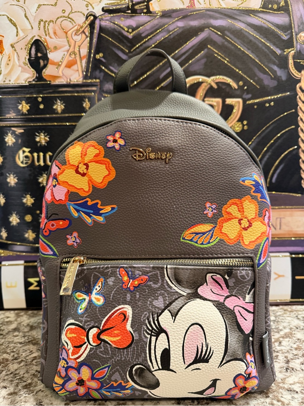 Disney Gray Mini Backpack with Minnie Mouse Floral Appliqués